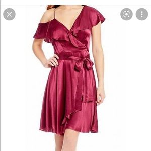 Wayf womens red one shoulder wrap crossover V neck ruffle dress